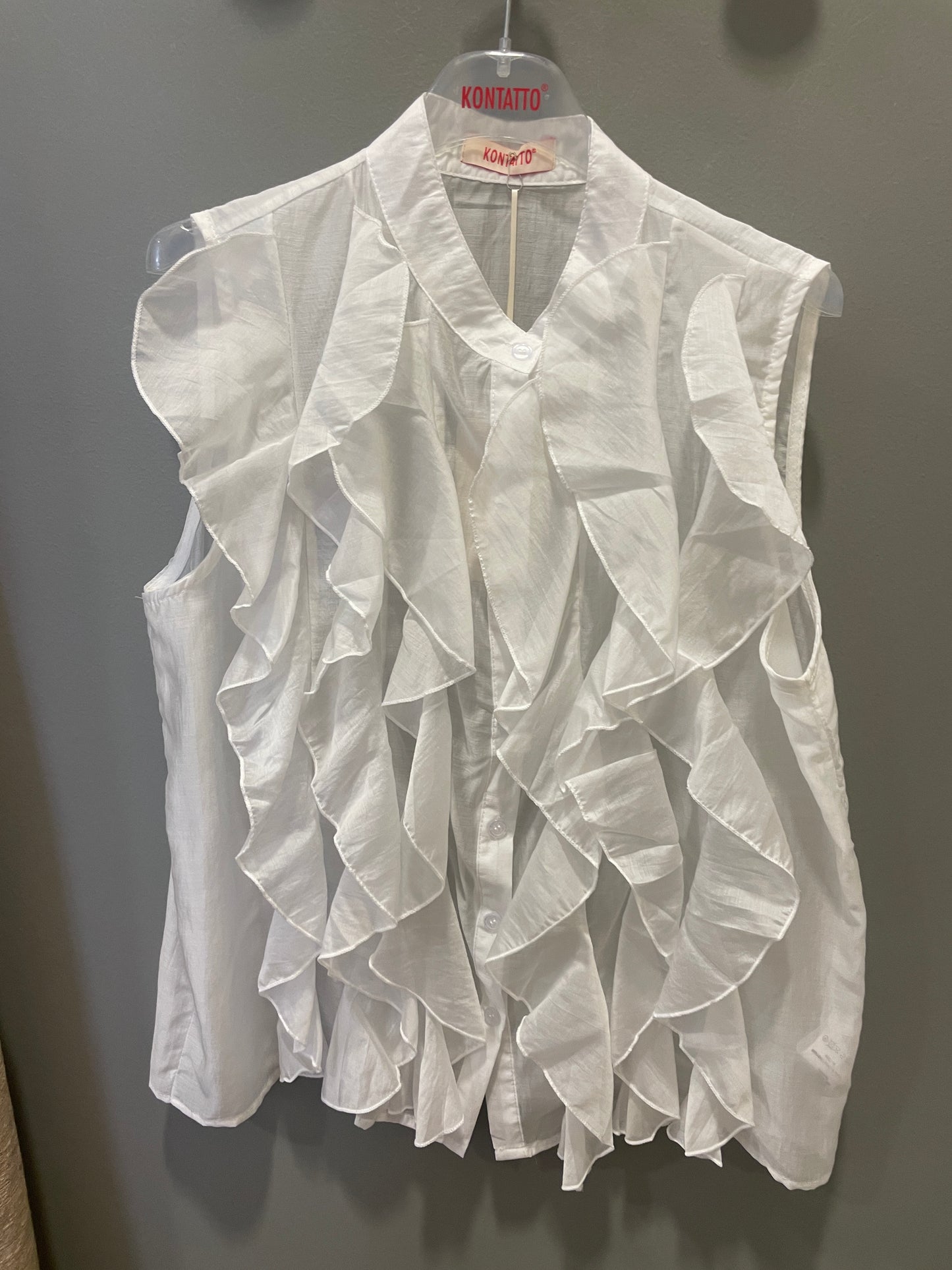 KONTATTO - Camicia azzurra smanicata con volant e colletto alla coreana - più colori