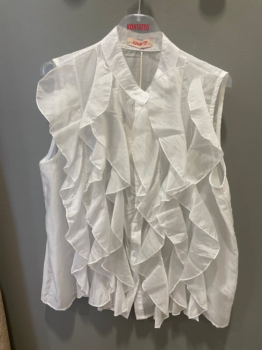 KONTATTO - Camicia azzurra smanicata con volant e colletto alla coreana - più colori