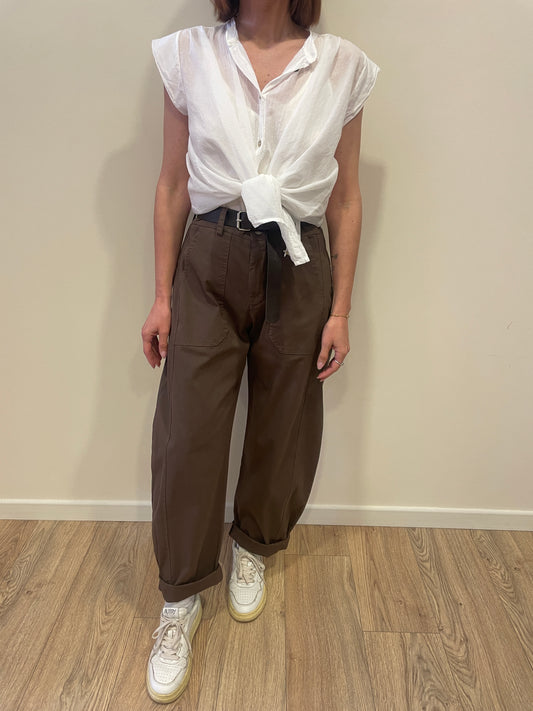 SUSY MIX - Pantalone barrel fit in cotone con cintura color moro