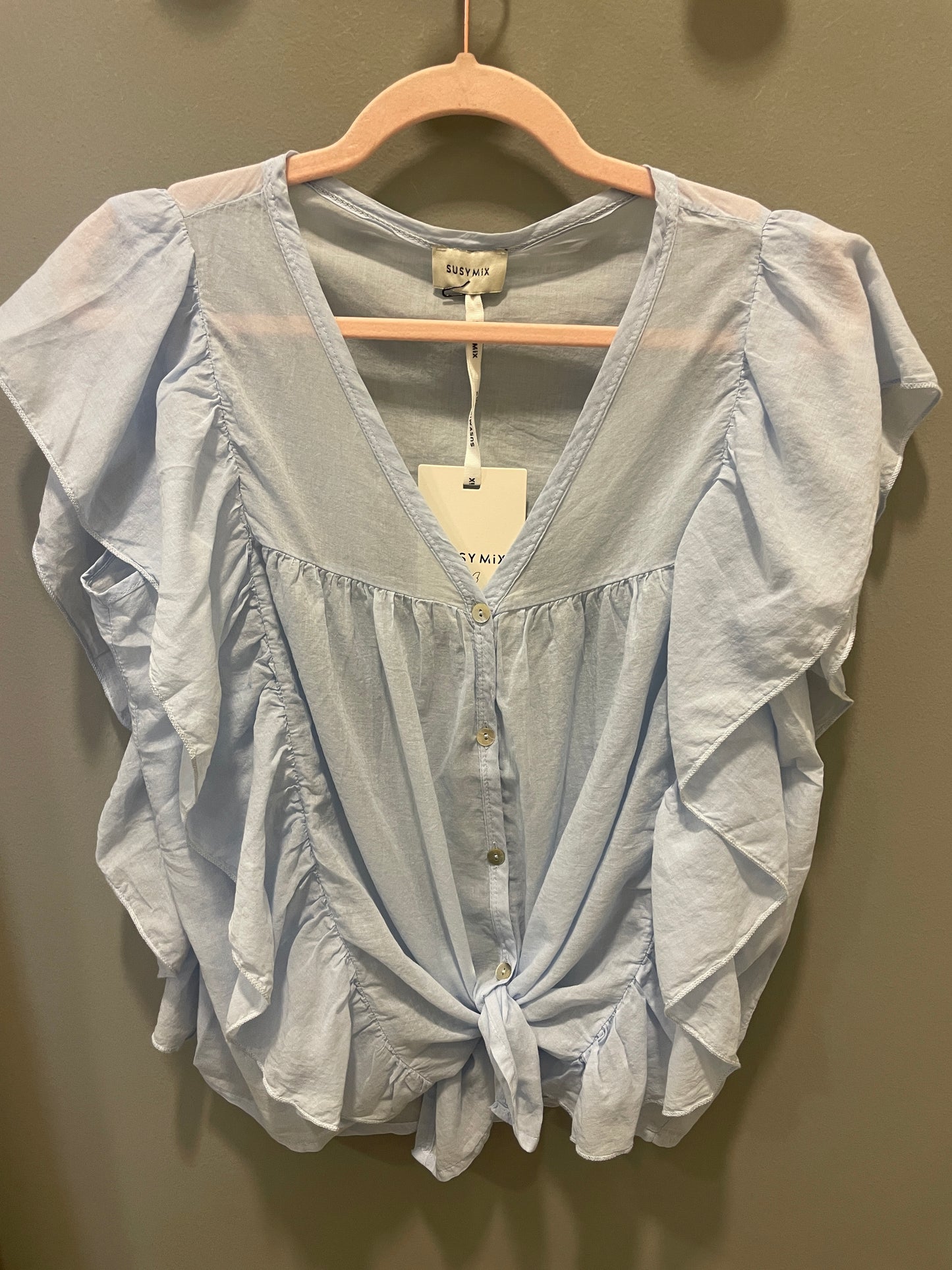 SUSY MIX - Camicia in mussola di cotone con scollo a V e rouches