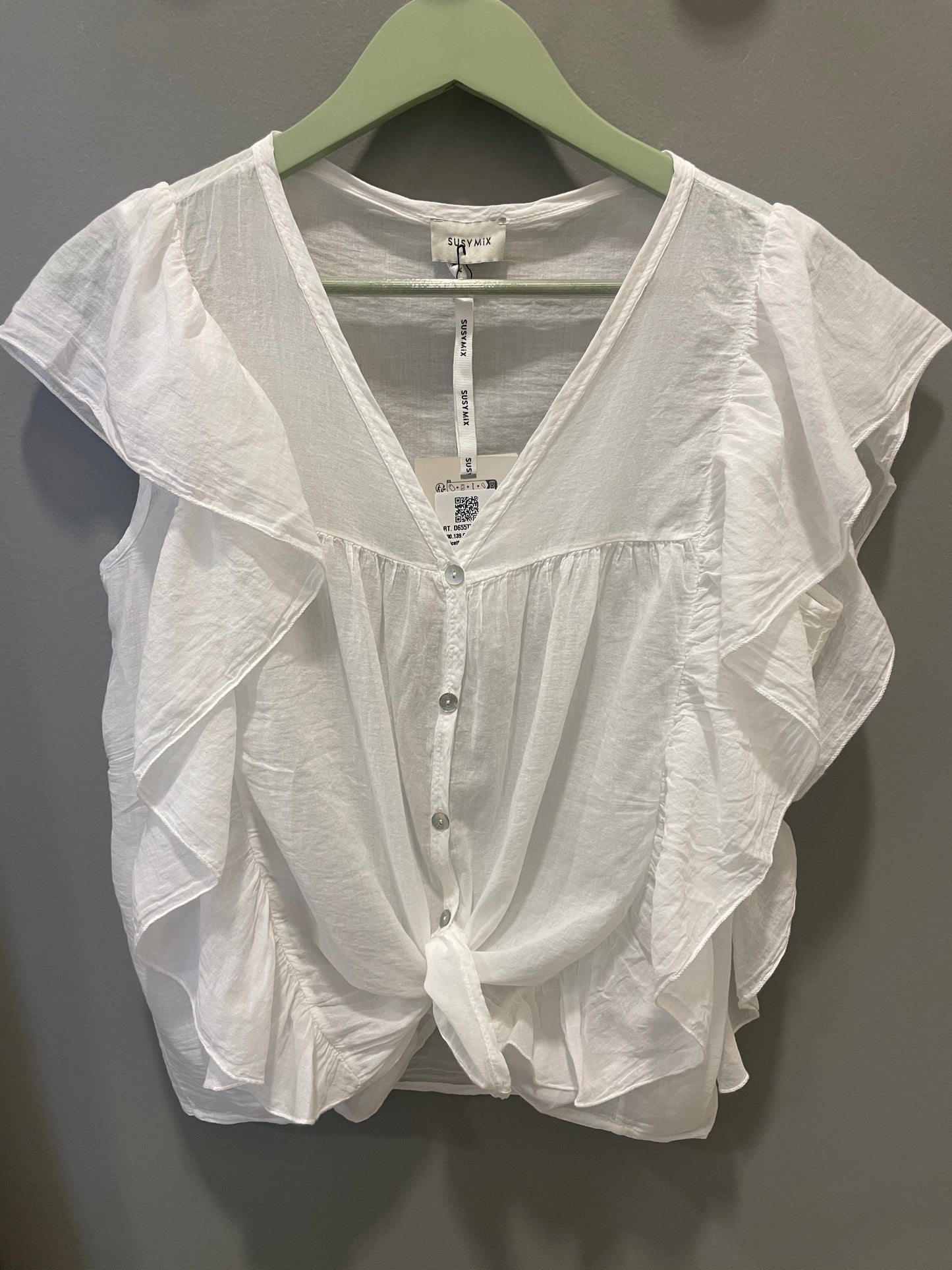 SUSY MIX - Camicia in mussola di cotone con scollo a V e rouches