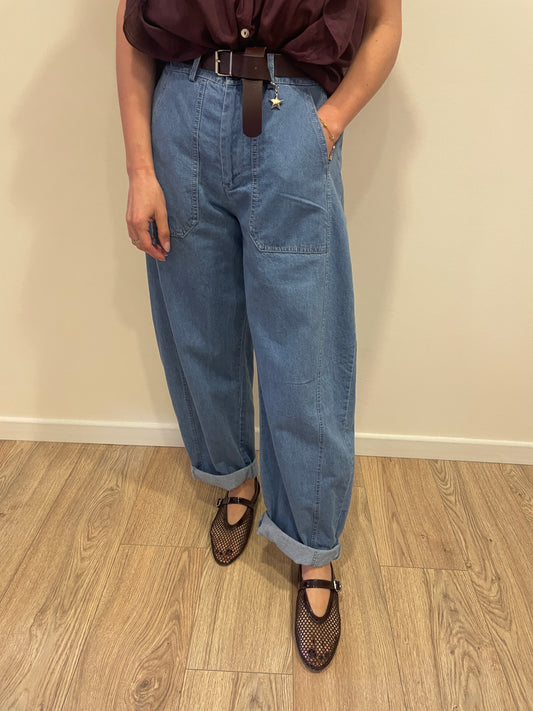 SUSY MIX - Pantalone barrel fit in denim stoned washed