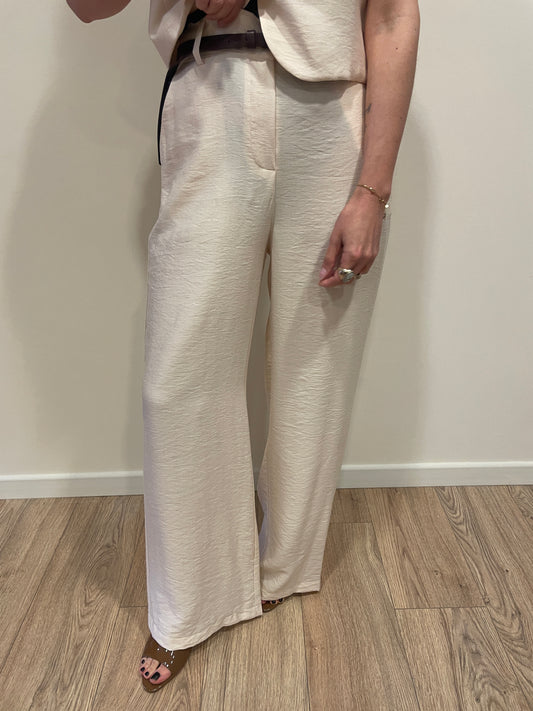 HAVEONE - Pantalone beige a palazzo dritto con cintura ed elastico