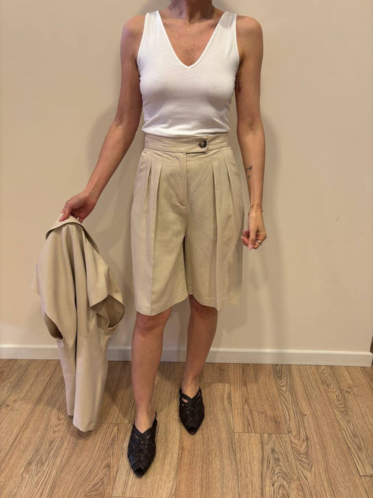 VICOLO - Bermuda beige con pinces in misto viscosa e lino