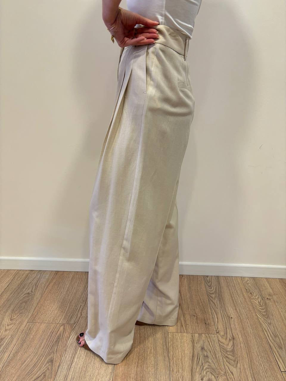 VICOLO - Pantalone beige a palazzo con pinces in viscosa e lino