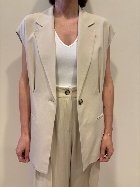 VICOLO - Gilet beige a un bottone con pinces in viscosa e lino