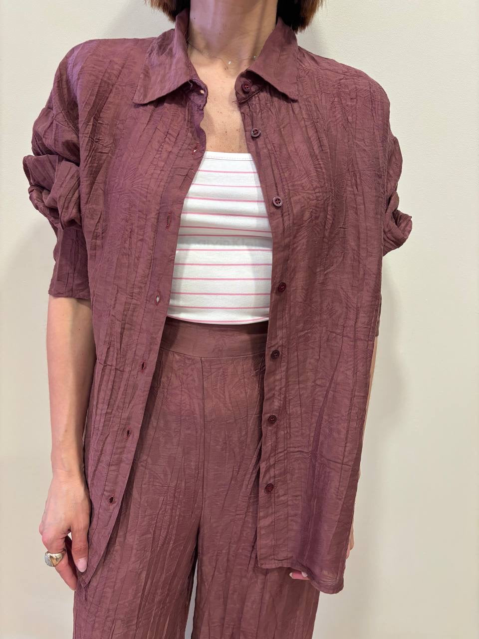 KONTATTO - Camicia over in misto tencel goffrata color india