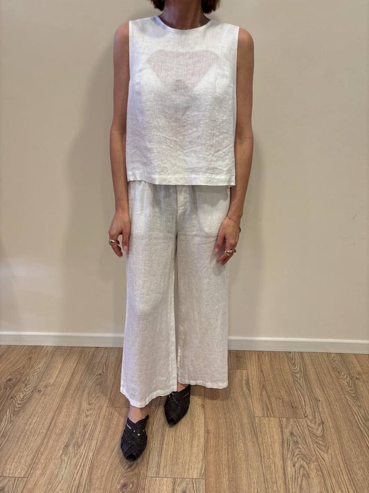 MEME ROAD - Pantalone a palazzo crop in lino con elastico color bianco