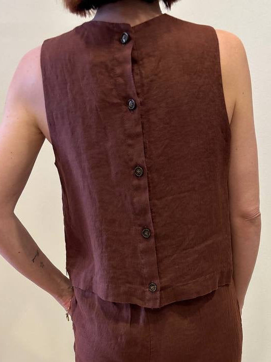 MEME ROAD - Pantalone a palazzo crop in lino con elastico color terracotta