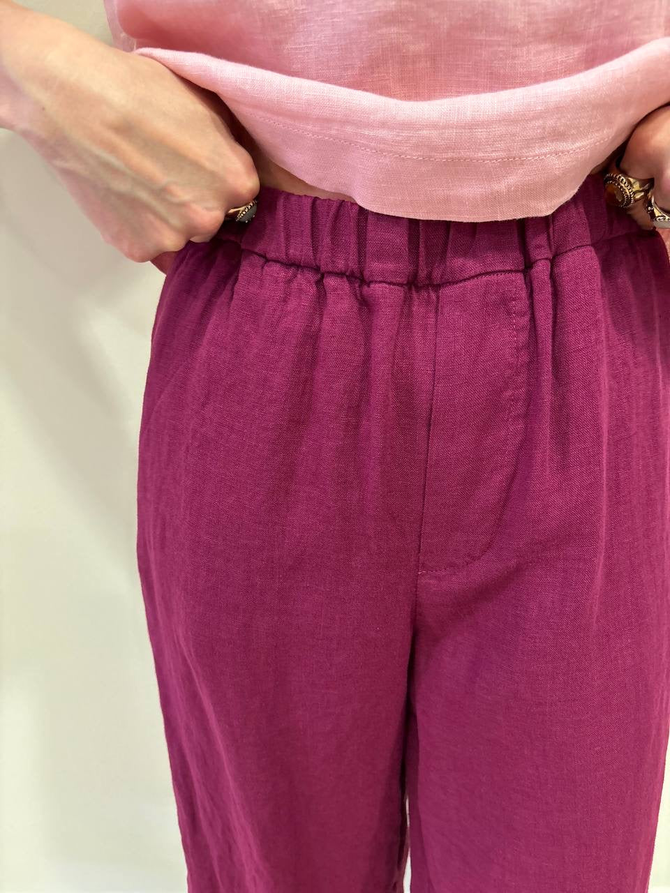 MEME ROAD - Pantalone a palazzo crop in lino con elastico color cabernet