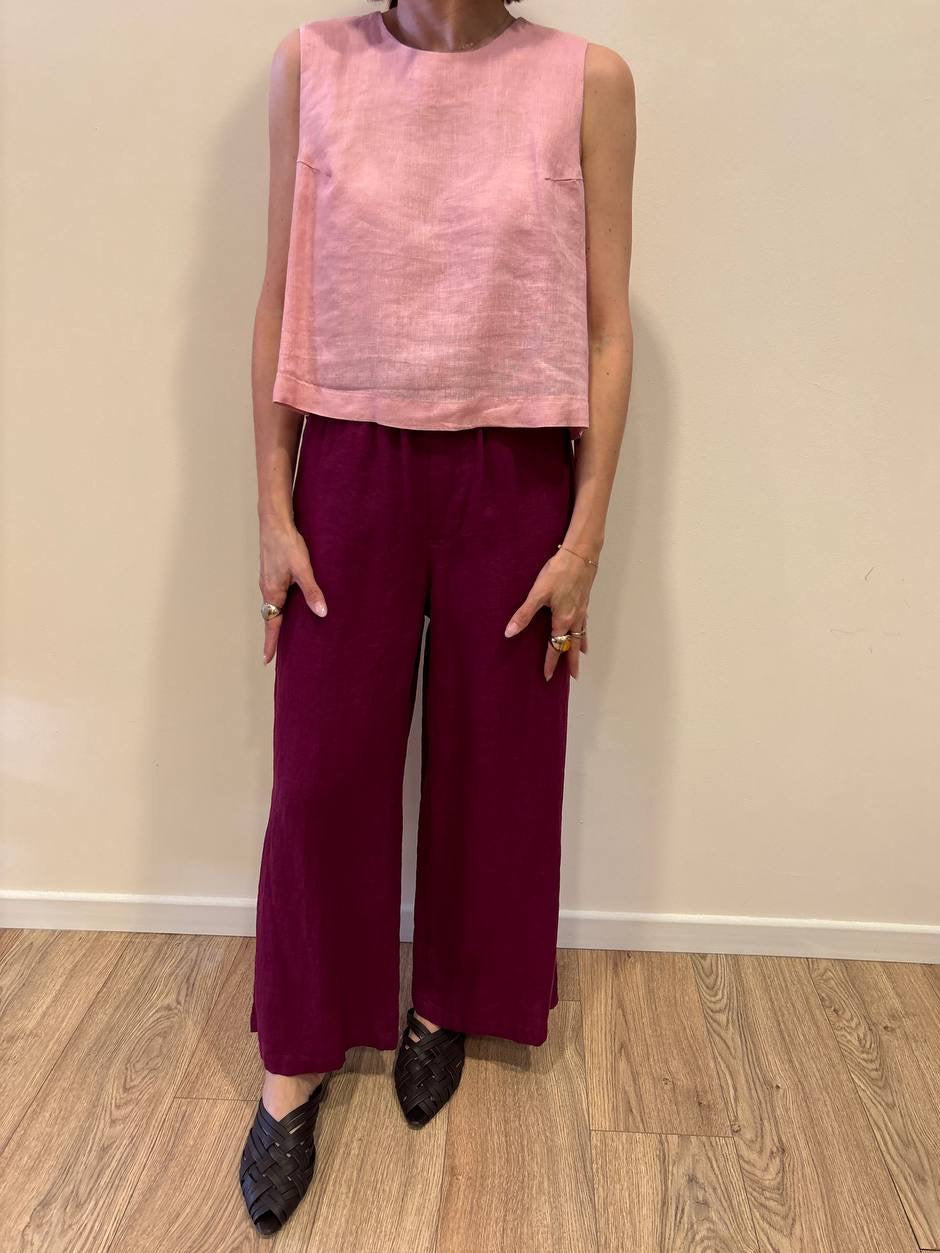 MEME ROAD - Pantalone a palazzo crop in lino con elastico color cabernet