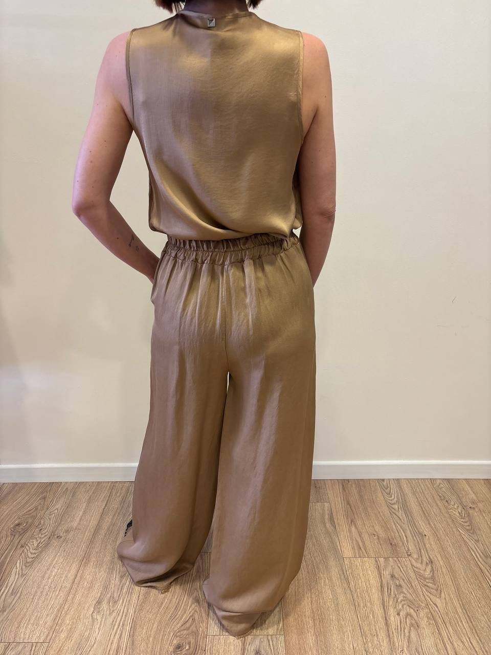 MEME ROAD - Pantalone a palazzo in viscosa e lino con elastico color sabbia