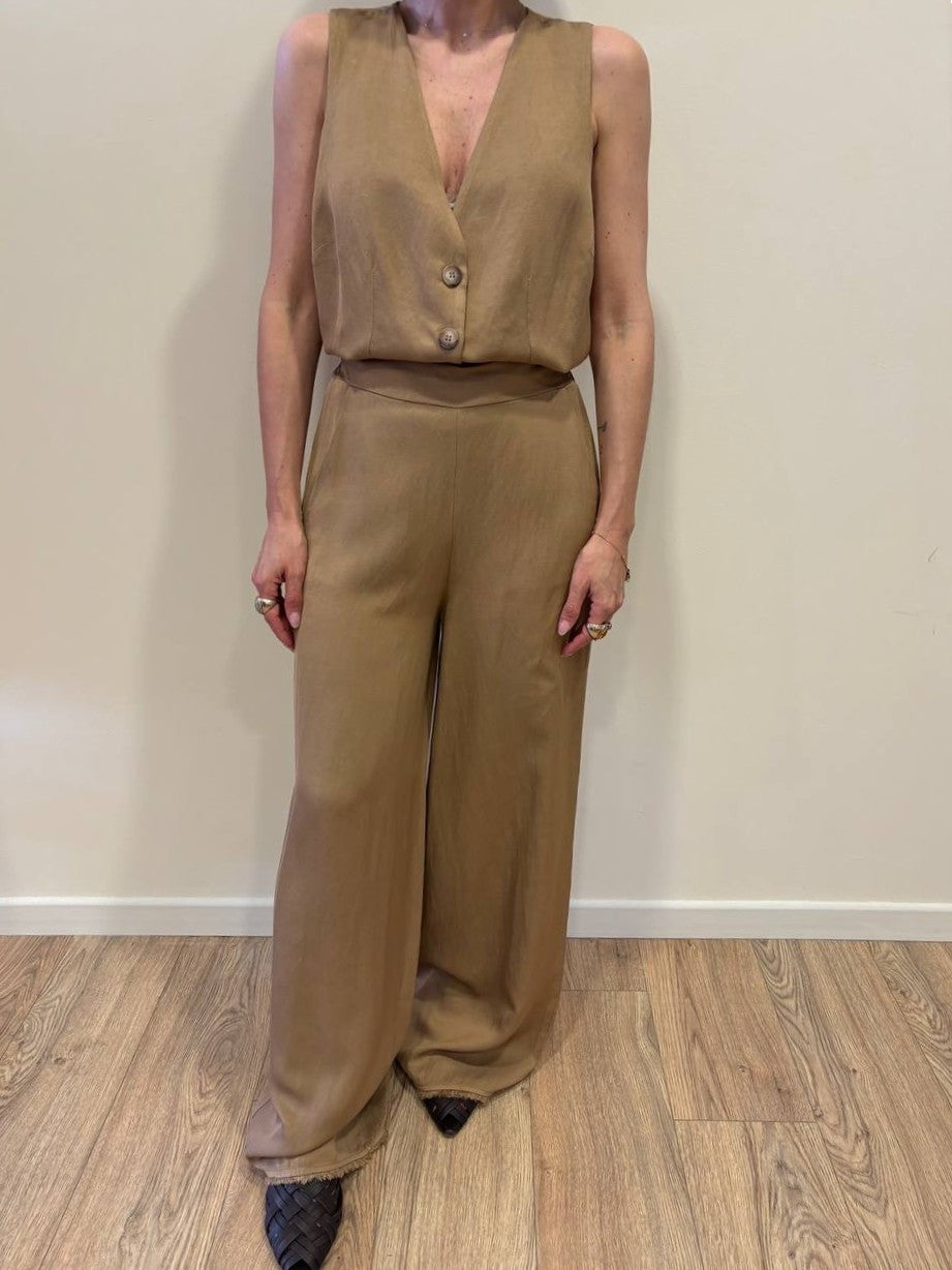 MEME ROAD - Pantalone a palazzo in viscosa e lino con elastico color sabbia