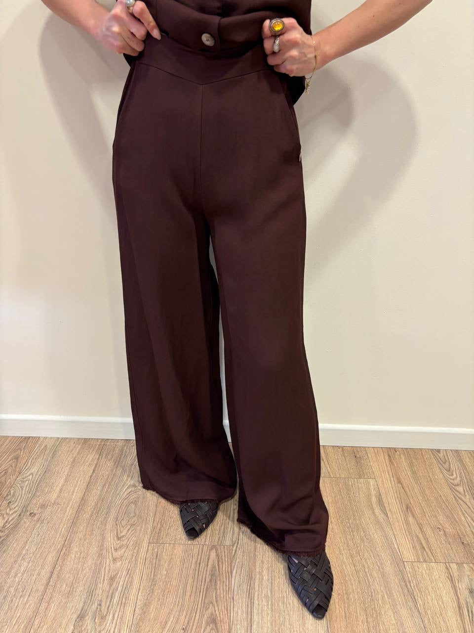 MEME ROAD - Pantalone a palazzo in viscosa e lino con elastico color moka