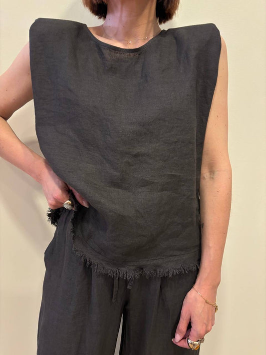 KAOS - Top in lino secco con spallucce e frange color moro