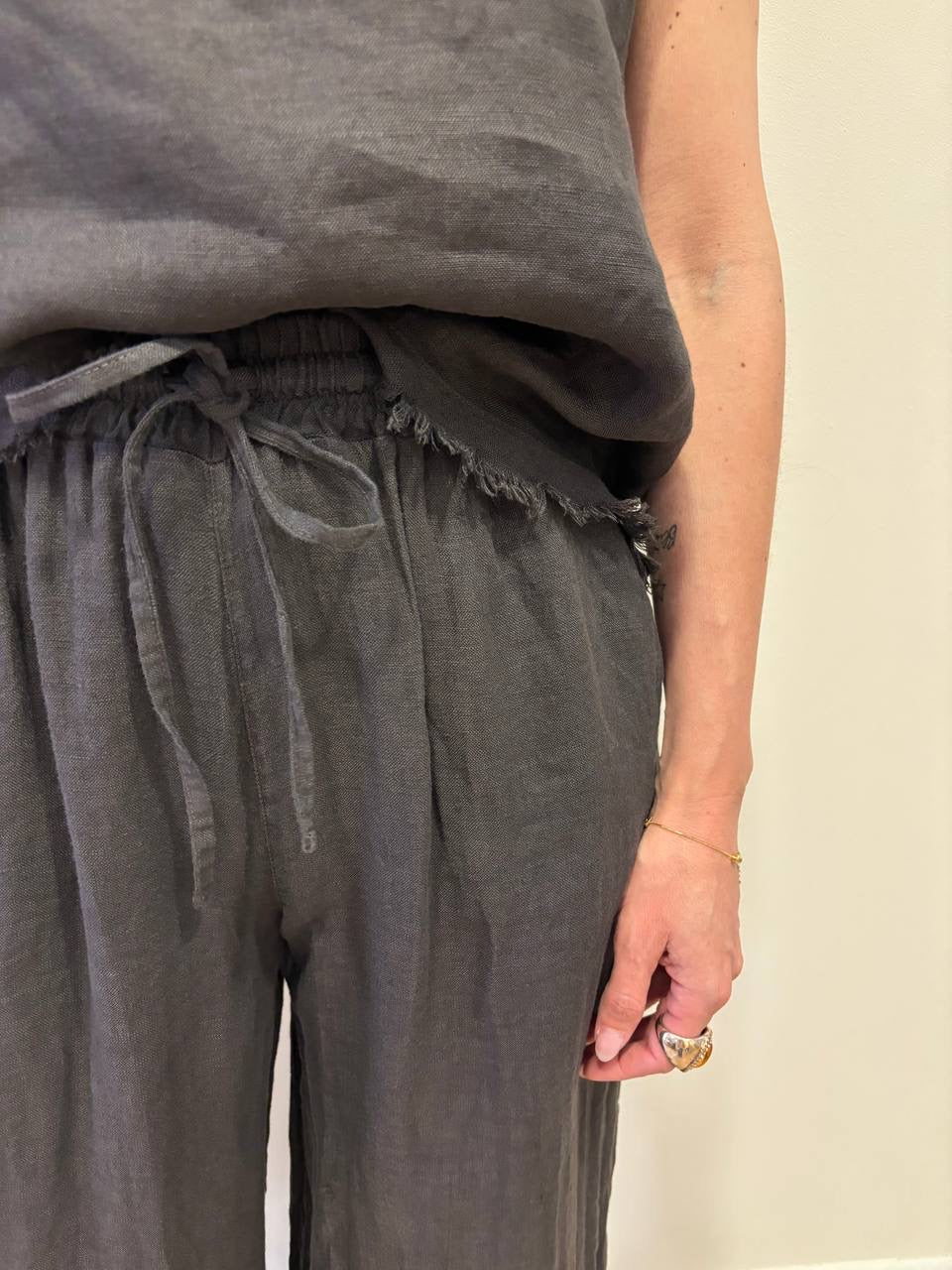 KAOS - Pantalone a palazzo in lino secco con elastico e coulisse color moro