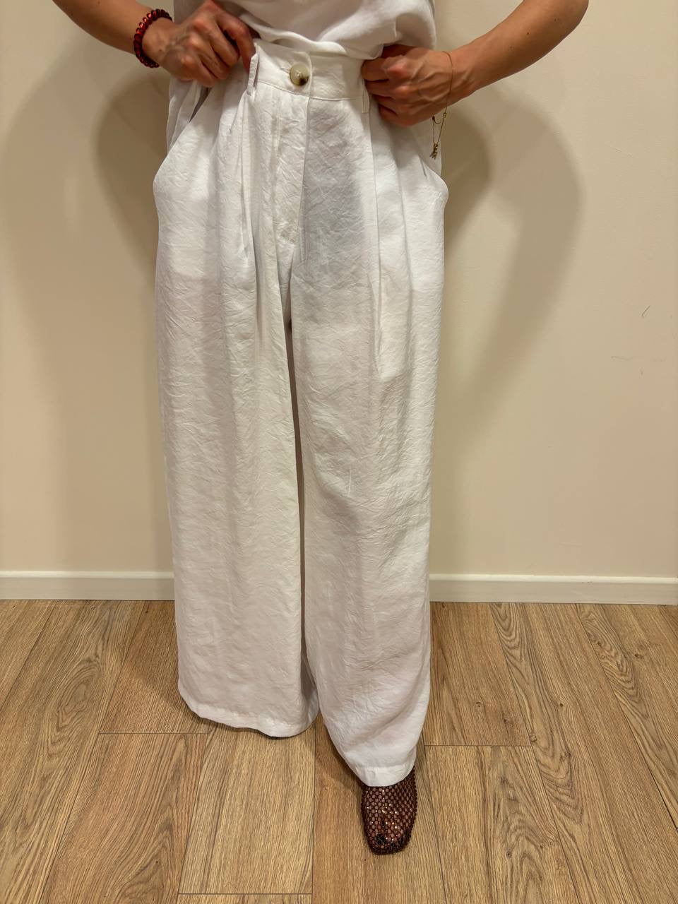 HAVEONE - Pantalone a palazzo ampio con pinces color bianco
