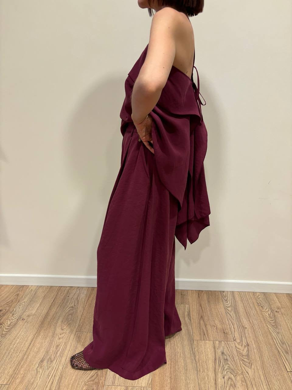 HAVEONE - Pantalone a palazzo ampio con pinces color vino