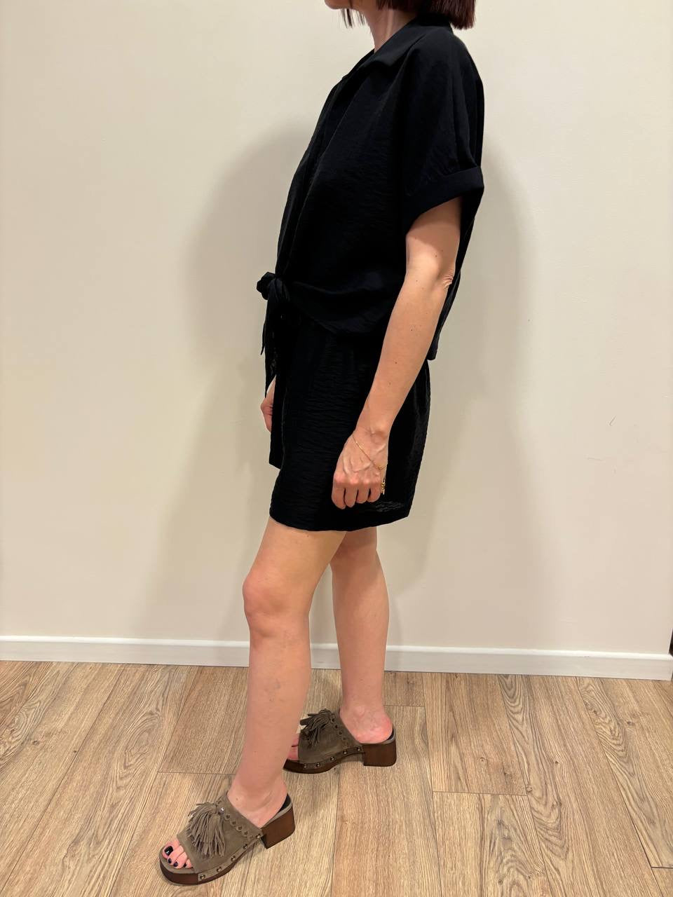 HAVEONE - Camicia a mezza manica con nodo color nero