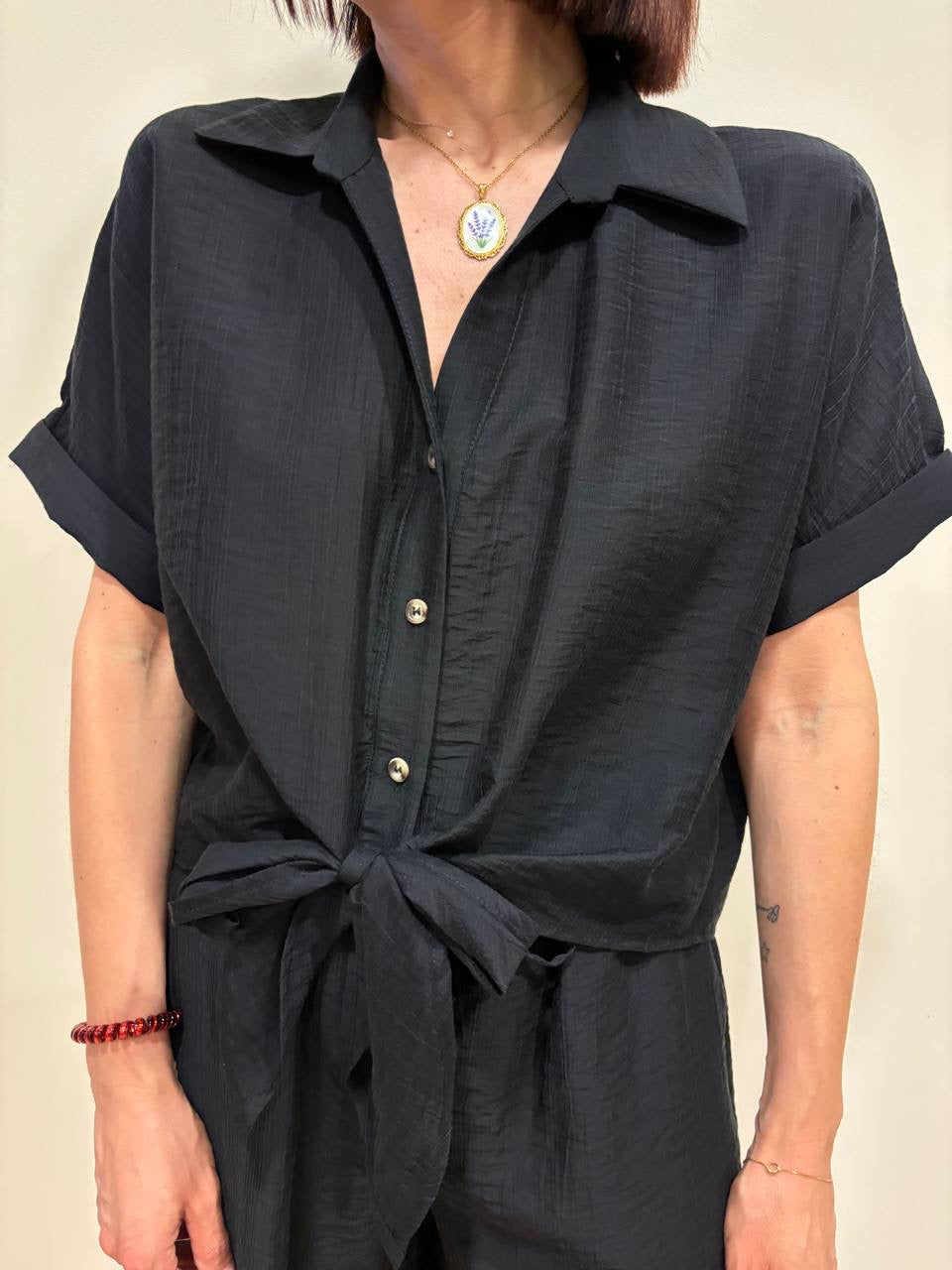HAVEONE - Camicia a mezza manica con nodo color nero