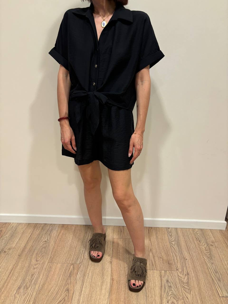 HAVEONE - Camicia a mezza manica con nodo color nero