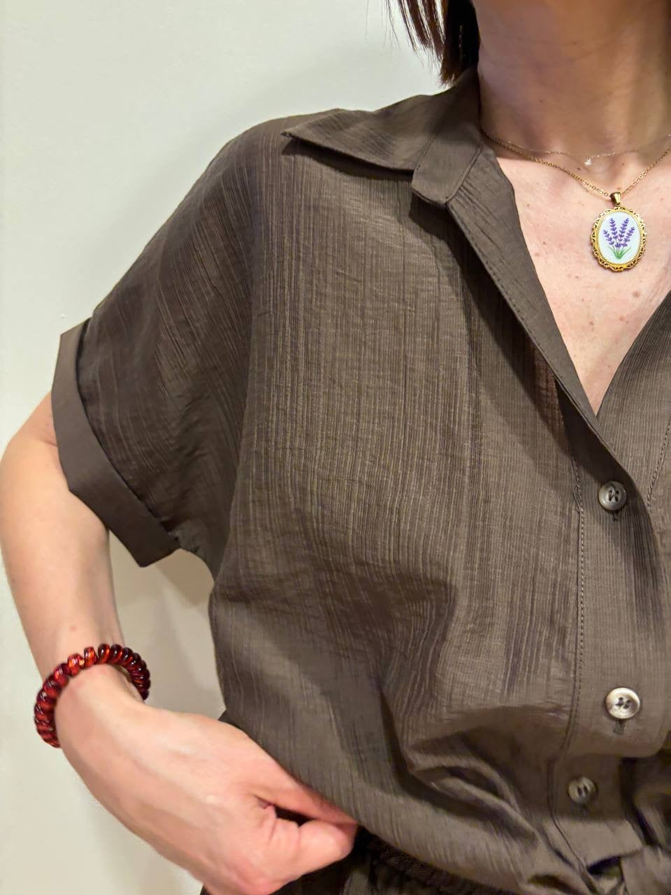 HAVEONE - Camicia a mezza manica con nodo color moro