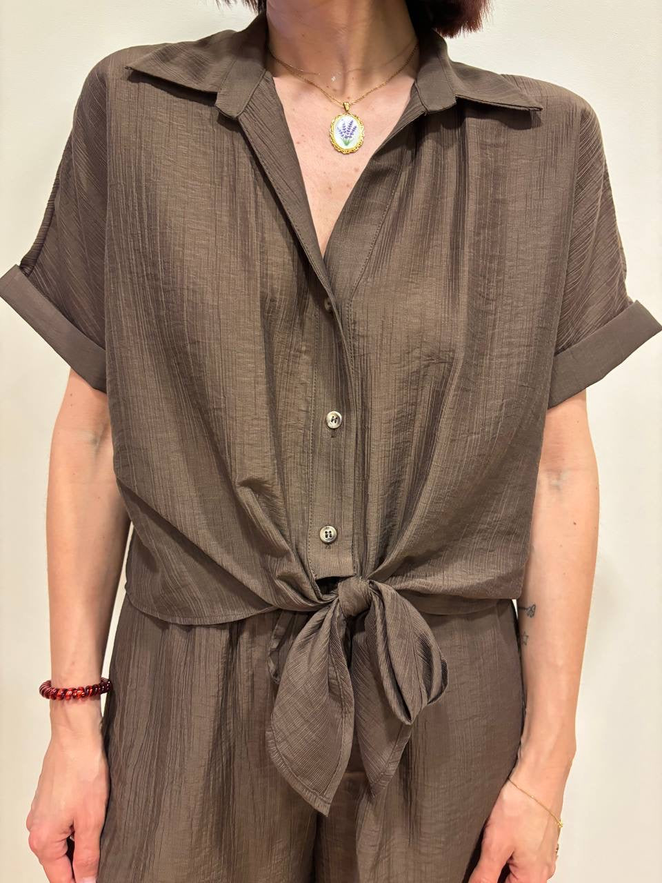 HAVEONE - Camicia a mezza manica con nodo color moro