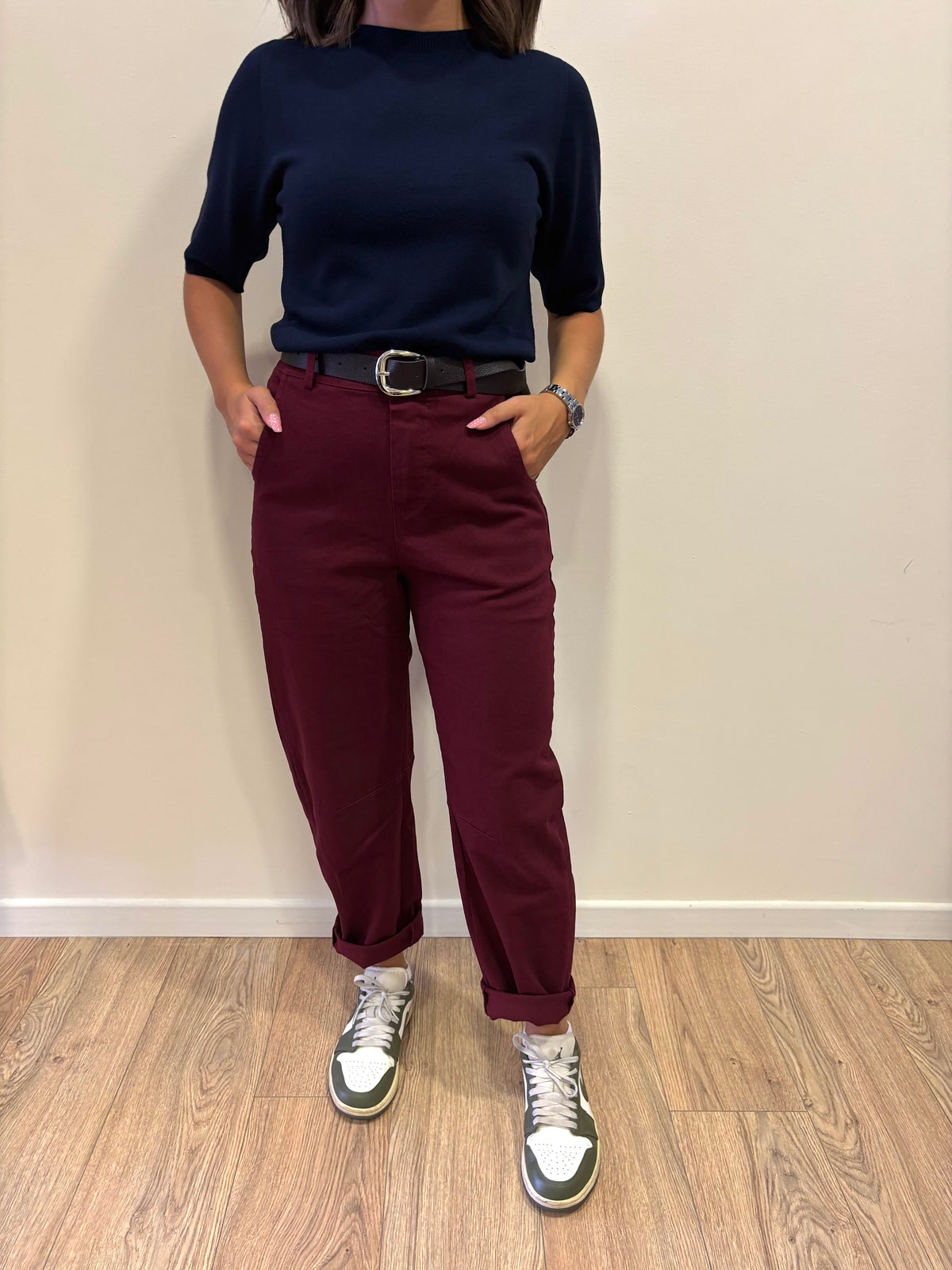 KONTATTO - Pantalone Barrel fit in cotone color marsala