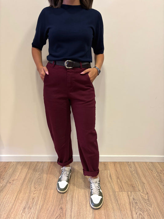 KONTATTO - Pantalone Barrel fit in cotone color marsala