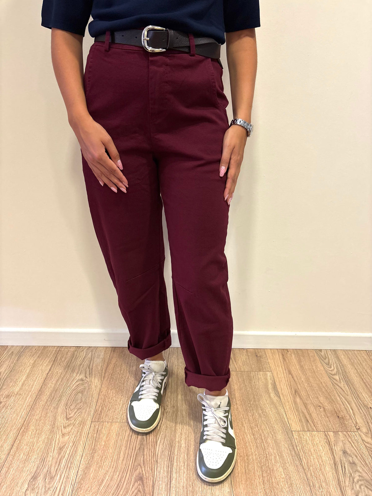 KONTATTO - Pantalone Barrel fit in cotone color marsala