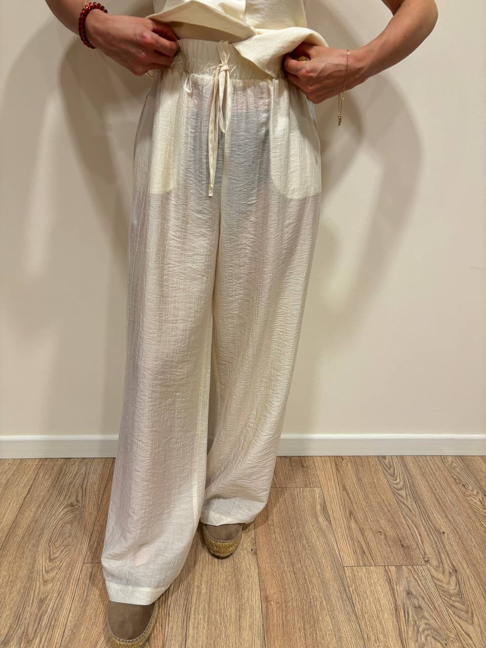 HAVEONE - Pantalone a palazzo dritto con elastico color burro