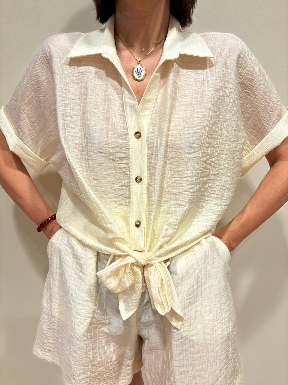 HAVEONE - Camicia a mezza manica con nodo color burro