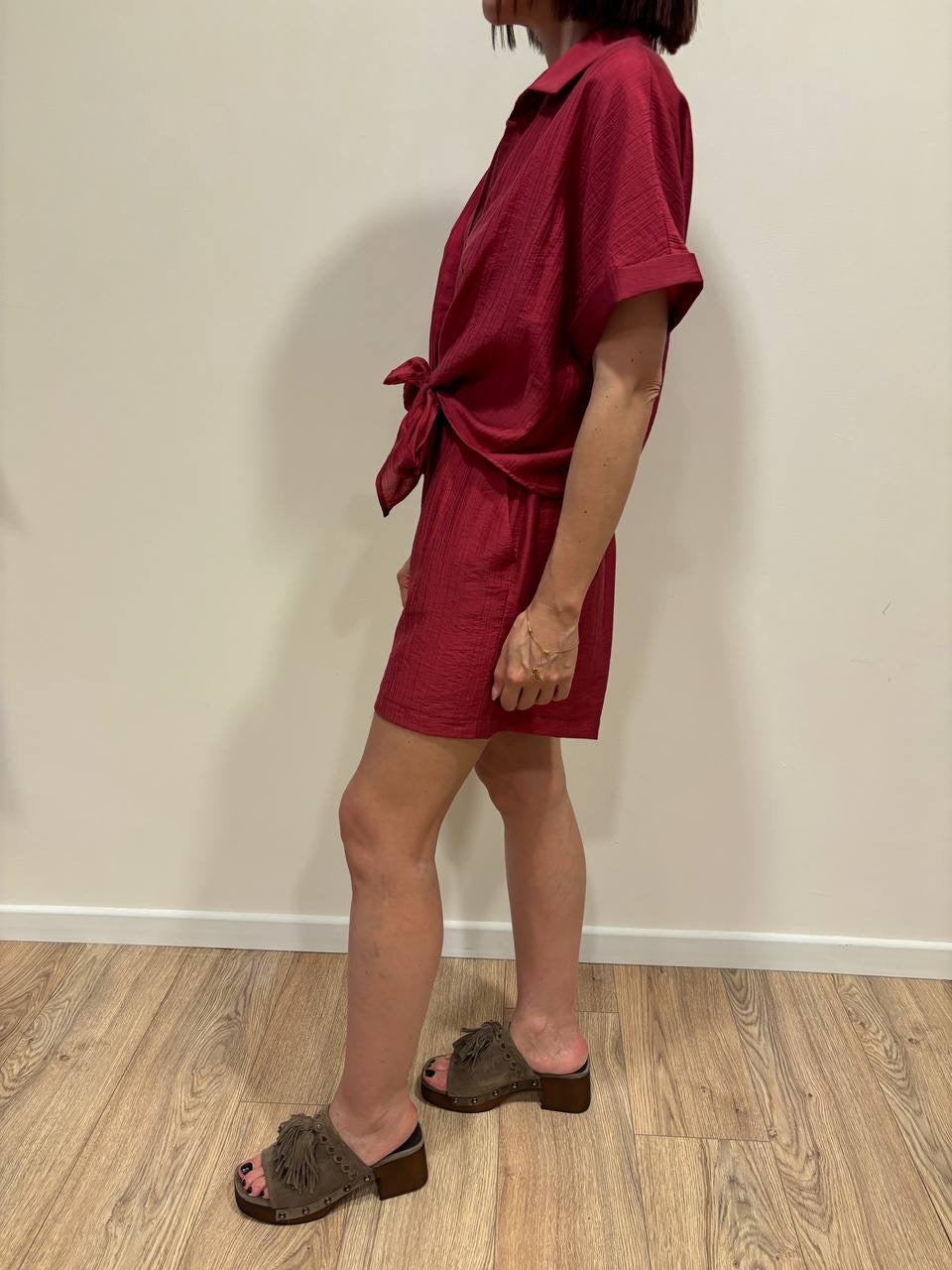 HAVEONE - Camicia a mezza manica con nodo color india