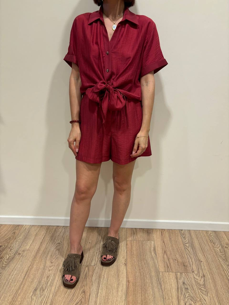 HAVEONE - Camicia a mezza manica con nodo color india