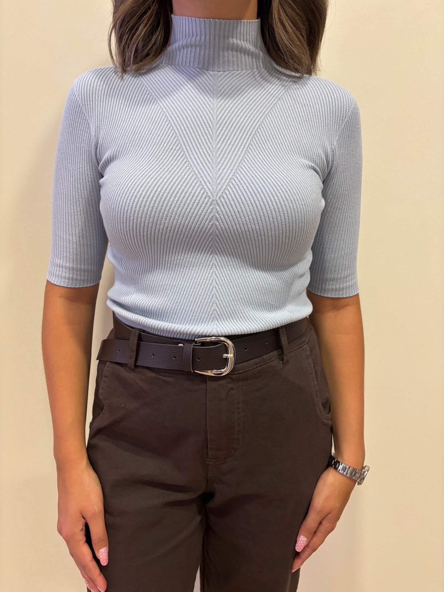 KONTATTO - Maglia 1/2 manica a costine con collo alto
