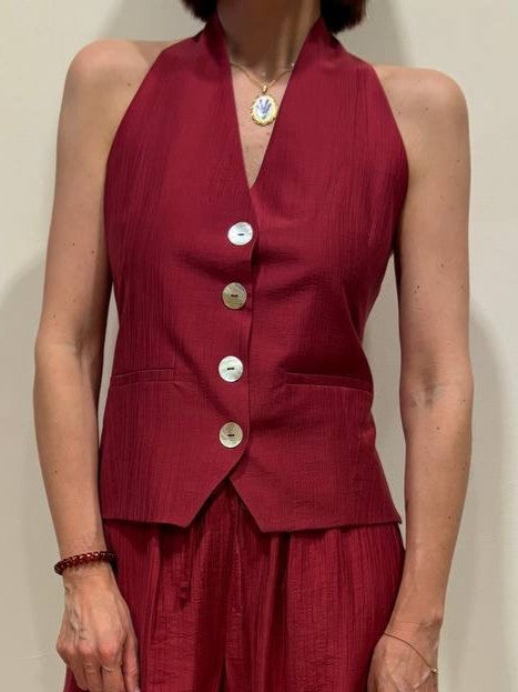 HAVEONE - Gilet con bottoni con dettaglio allacciatura sul retro color india