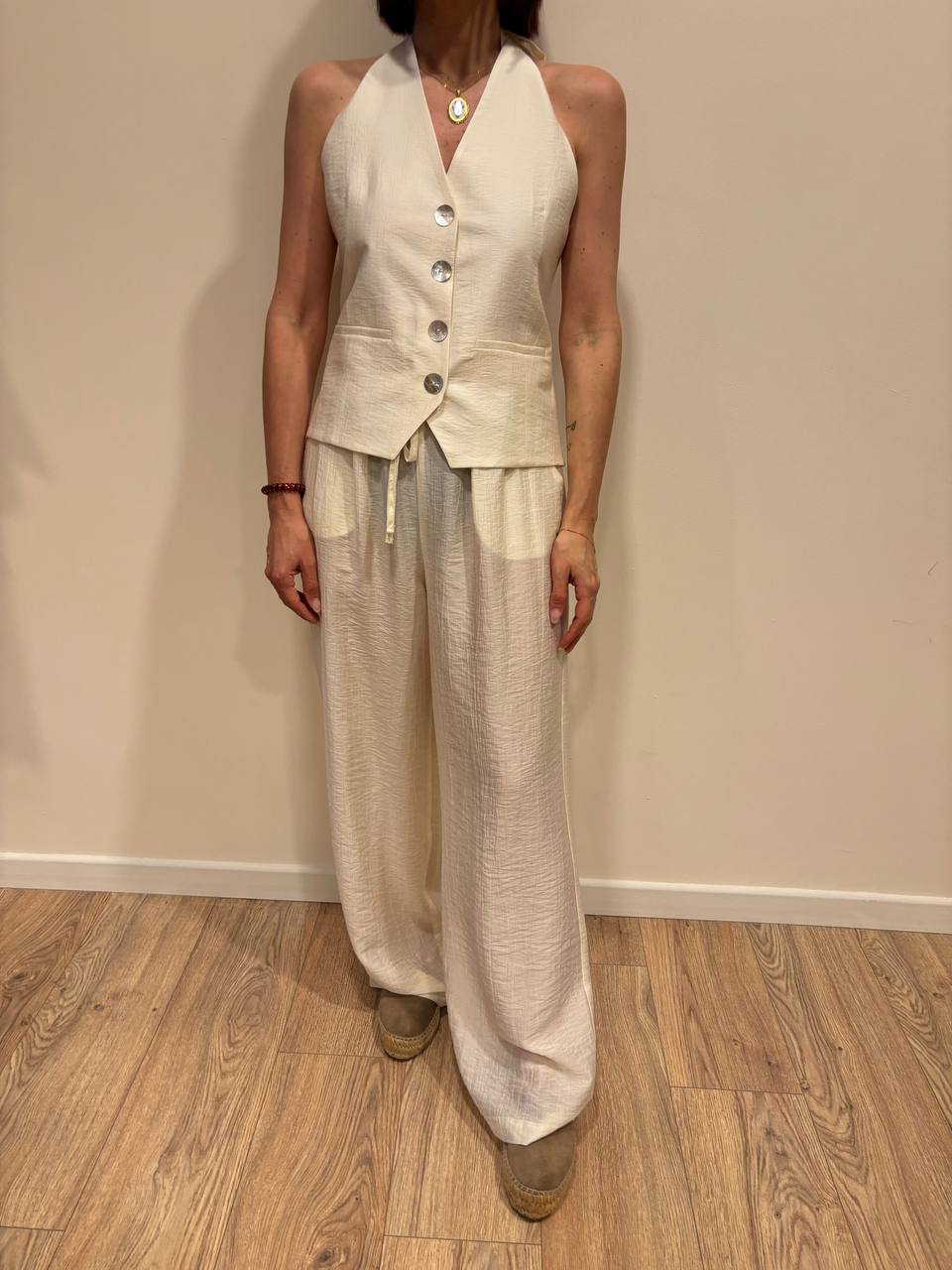 HAVEONE - Pantalone a palazzo dritto con elastico color burro