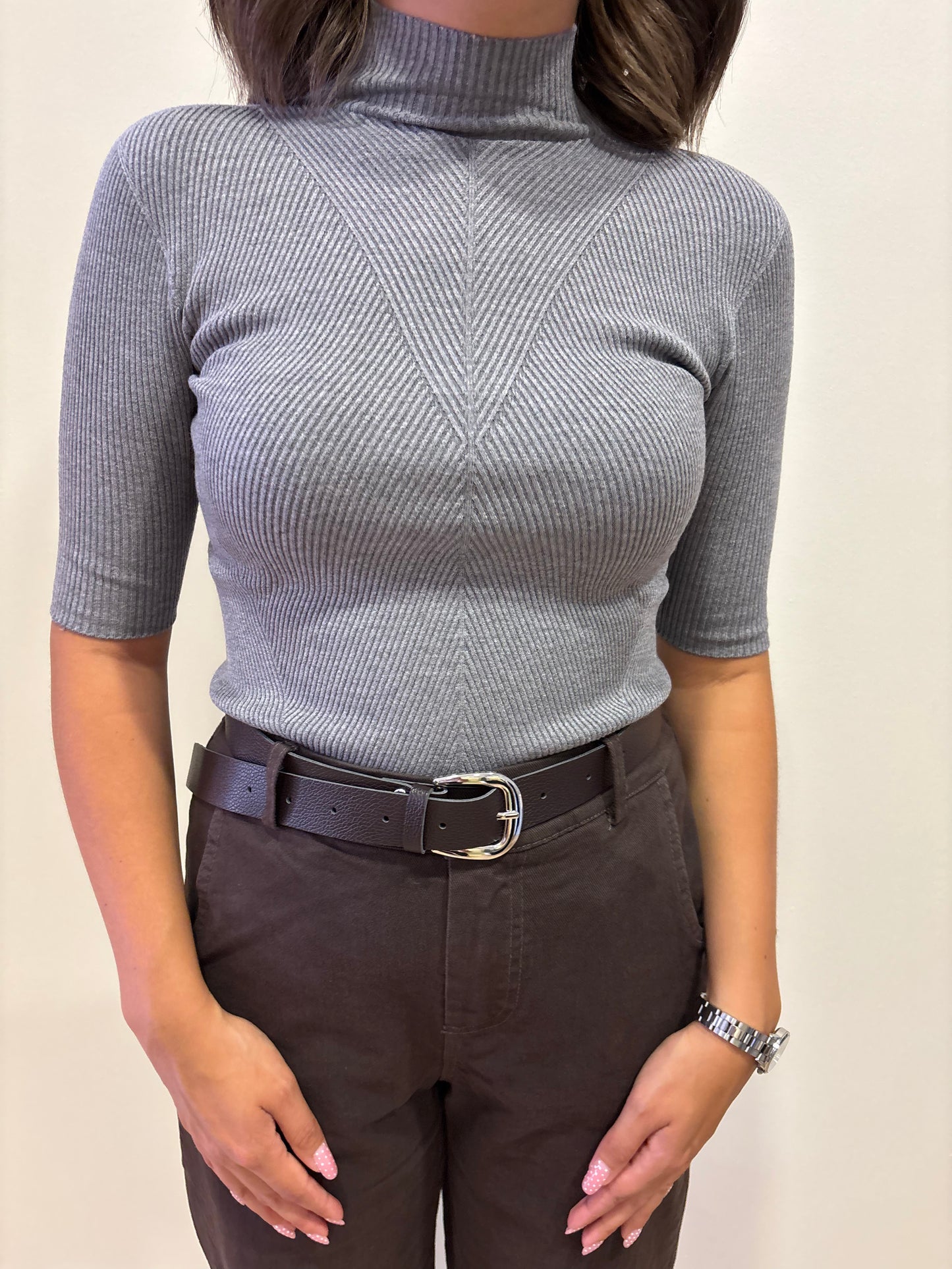 KONTATTO - Maglia 1/2 manica a costine con collo alto