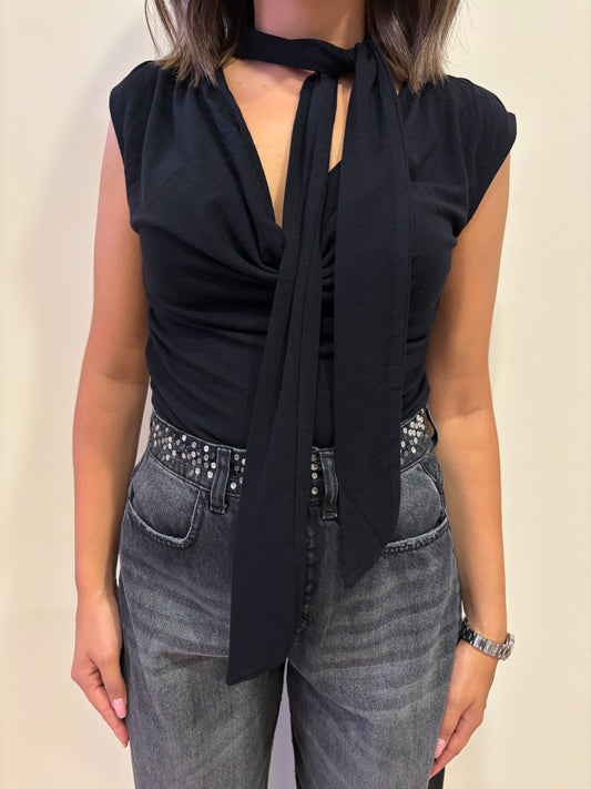KONTATTO - Maglia con sciarpa in misto viscosa e lana nera