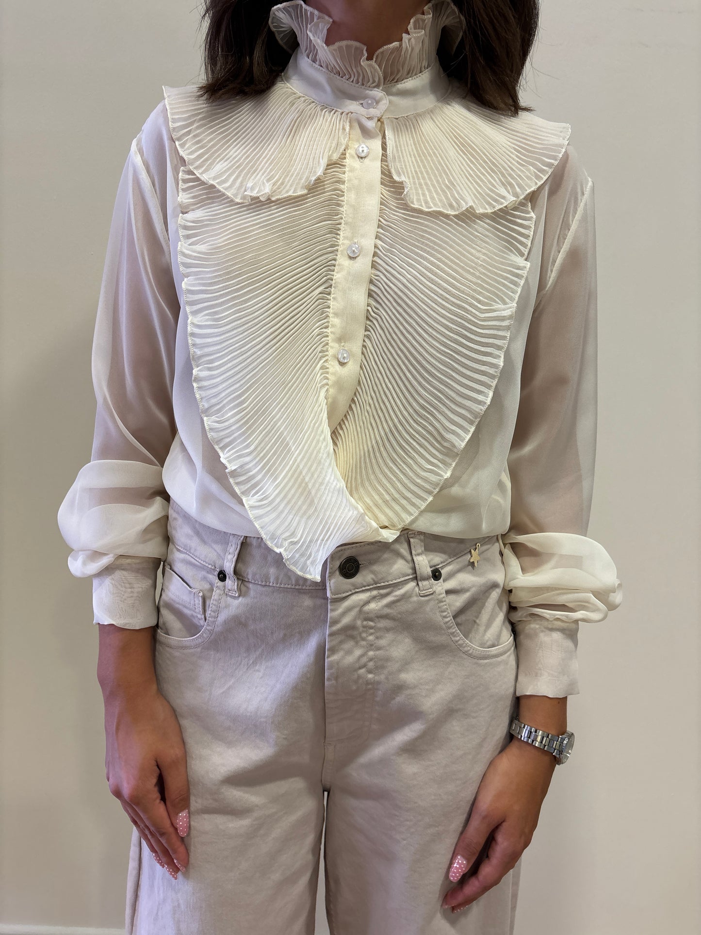 KONTATTO - Camicia jabot plissé con colletto color avorio