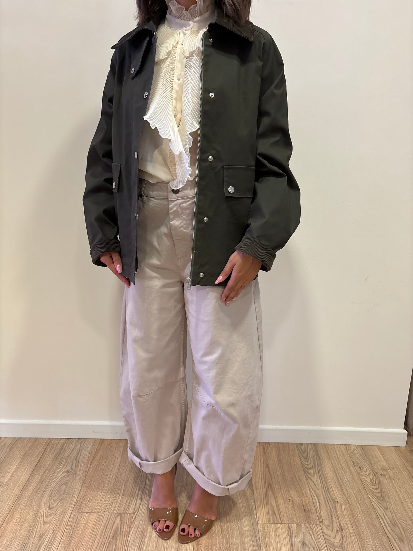 HAVEONE - Giacca cerata con bottoni e colletto millerighe in velluto verde militare
