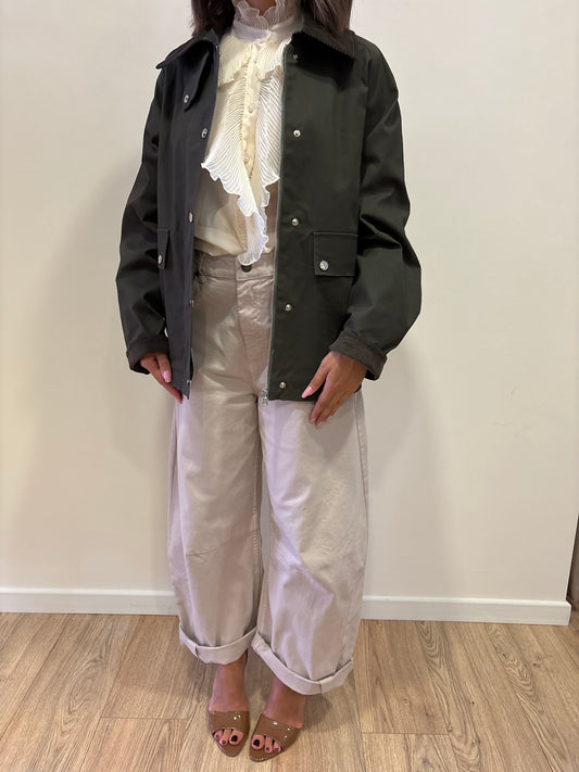 HAVEONE - Giacca cerata con bottoni e colletto millerighe in velluto verde militare
