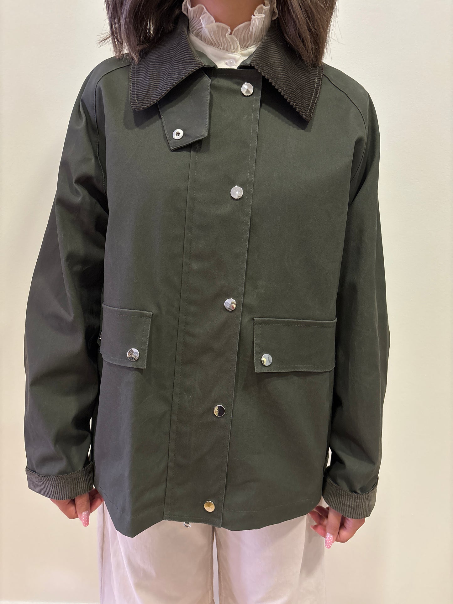 HAVEONE - Giacca cerata con bottoni e colletto millerighe in velluto verde militare