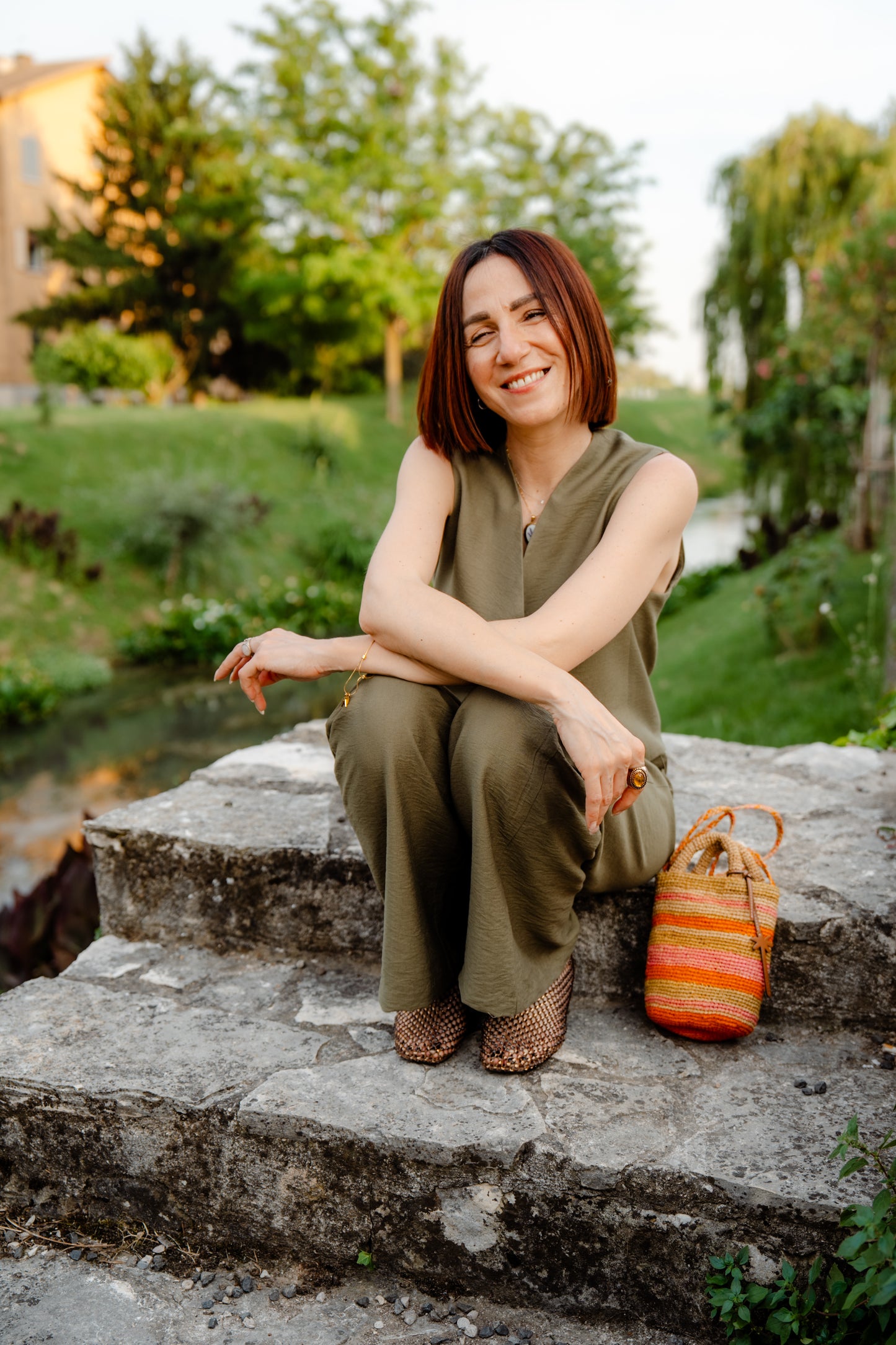 HAVEONE - Pantalone verde militare a palazzo dritto con cintura ed elastico