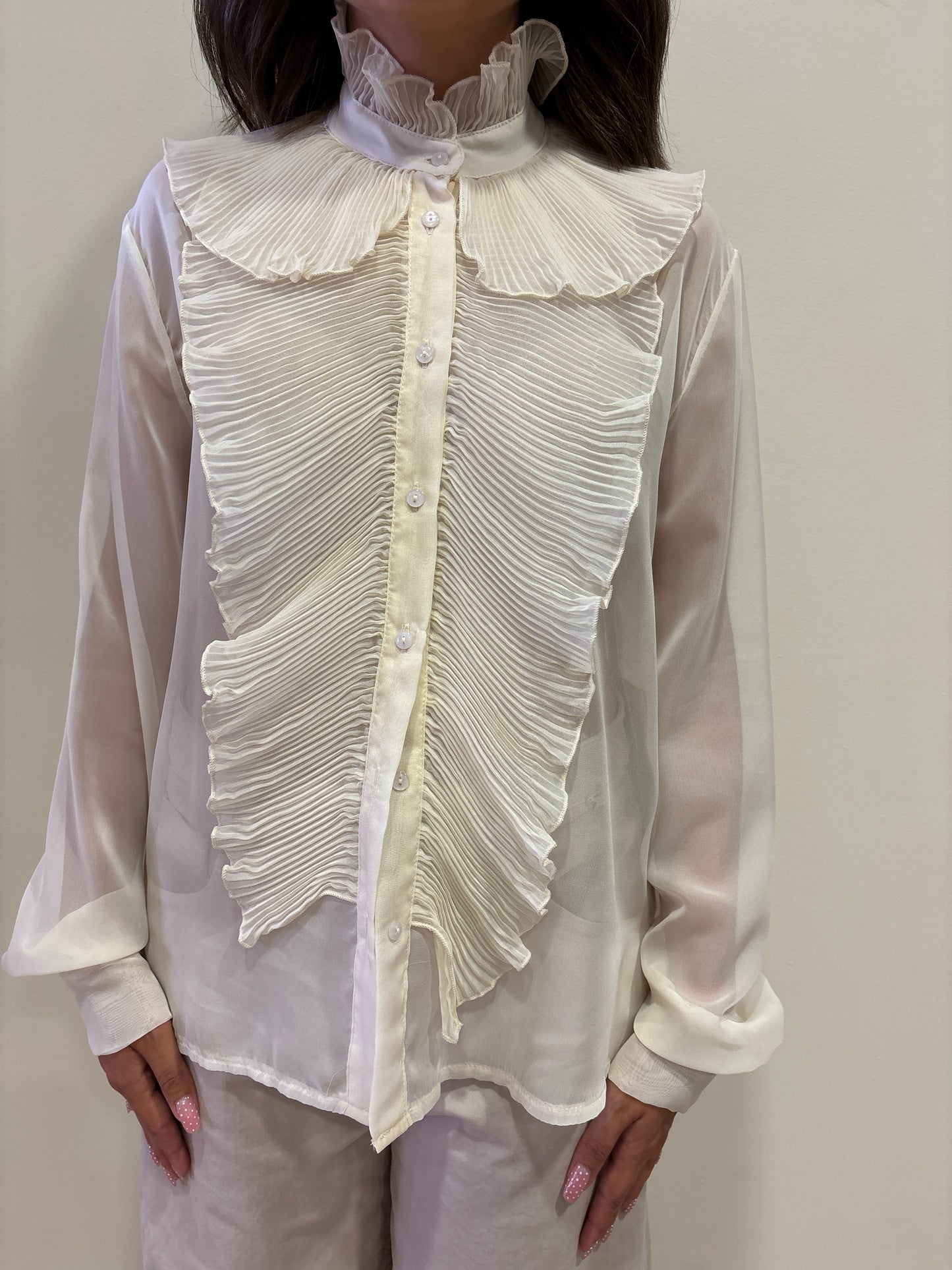 KONTATTO - Camicia jabot plissé con colletto color avorio