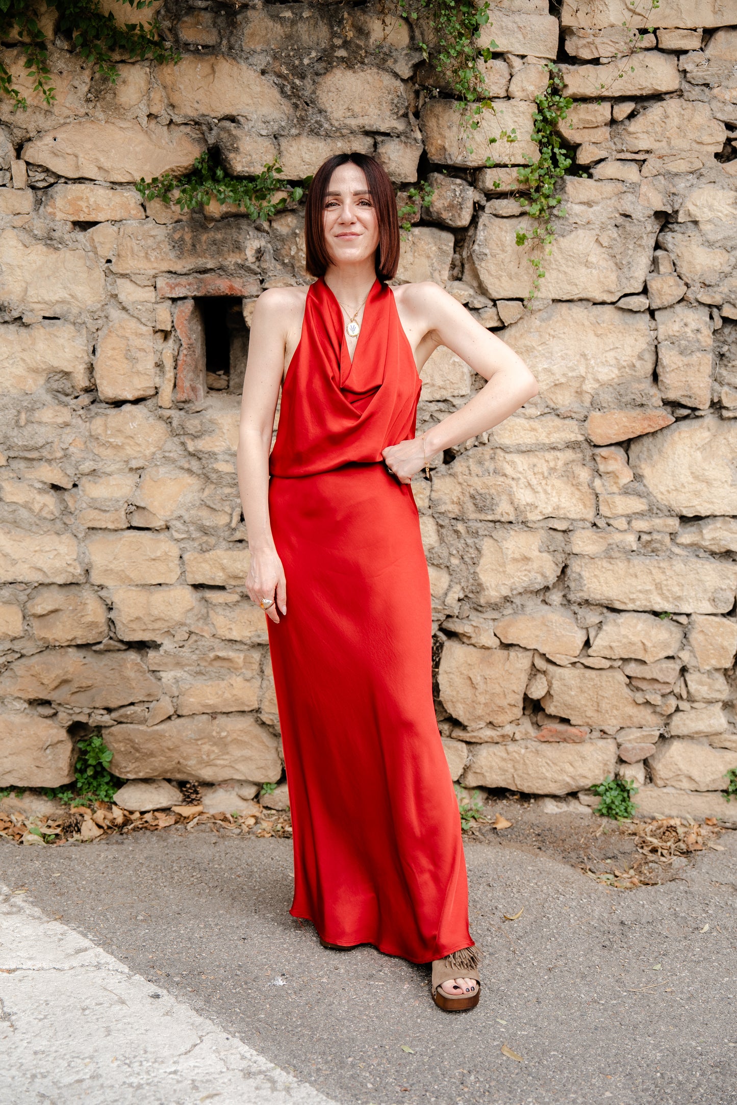 HAVEONE - Gonna lunga in viscosa rossa con spacco laterale