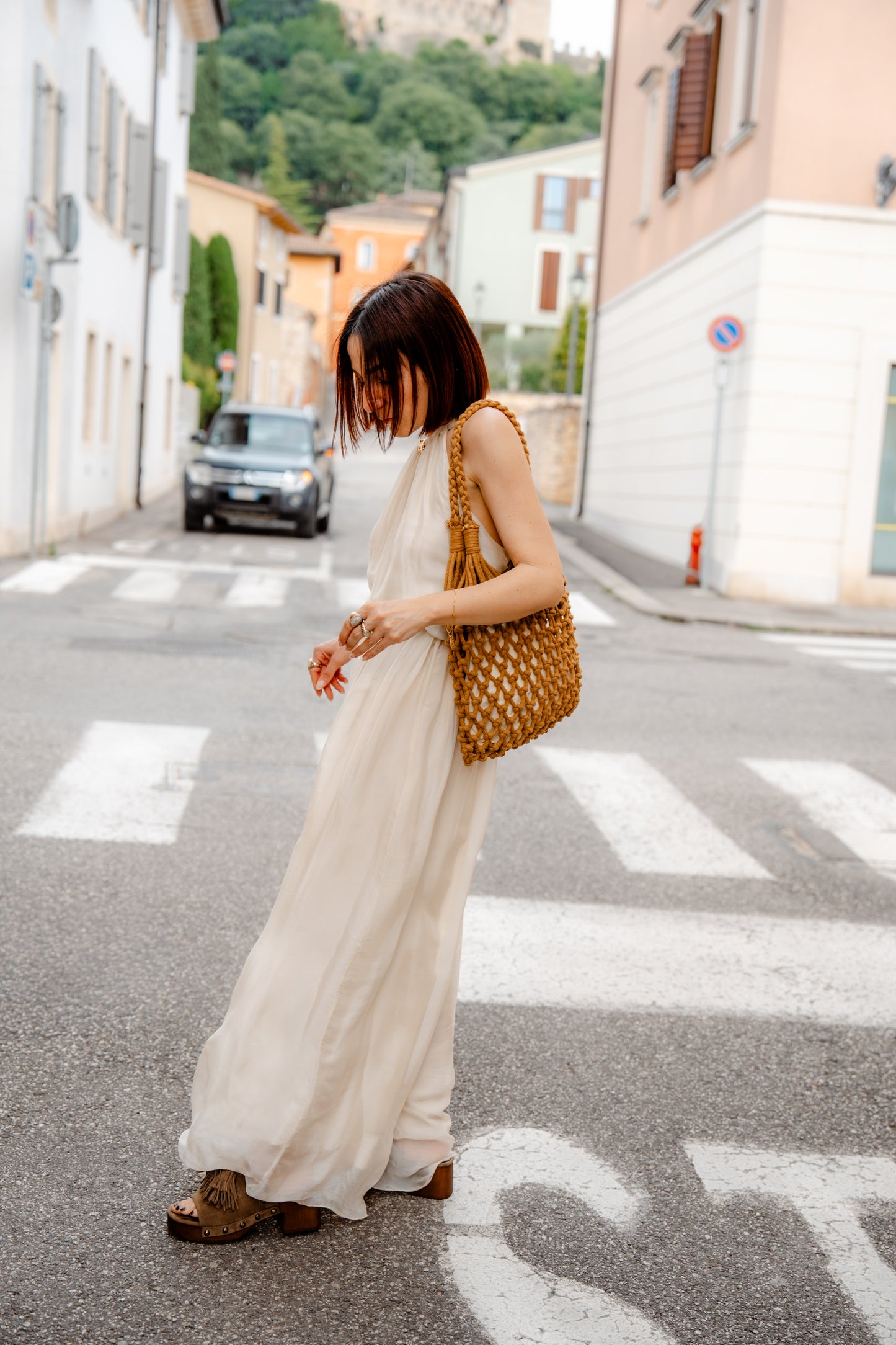 HAVEONE - Pantalone in viscosa e seta a palazzo burro ampio con elastico