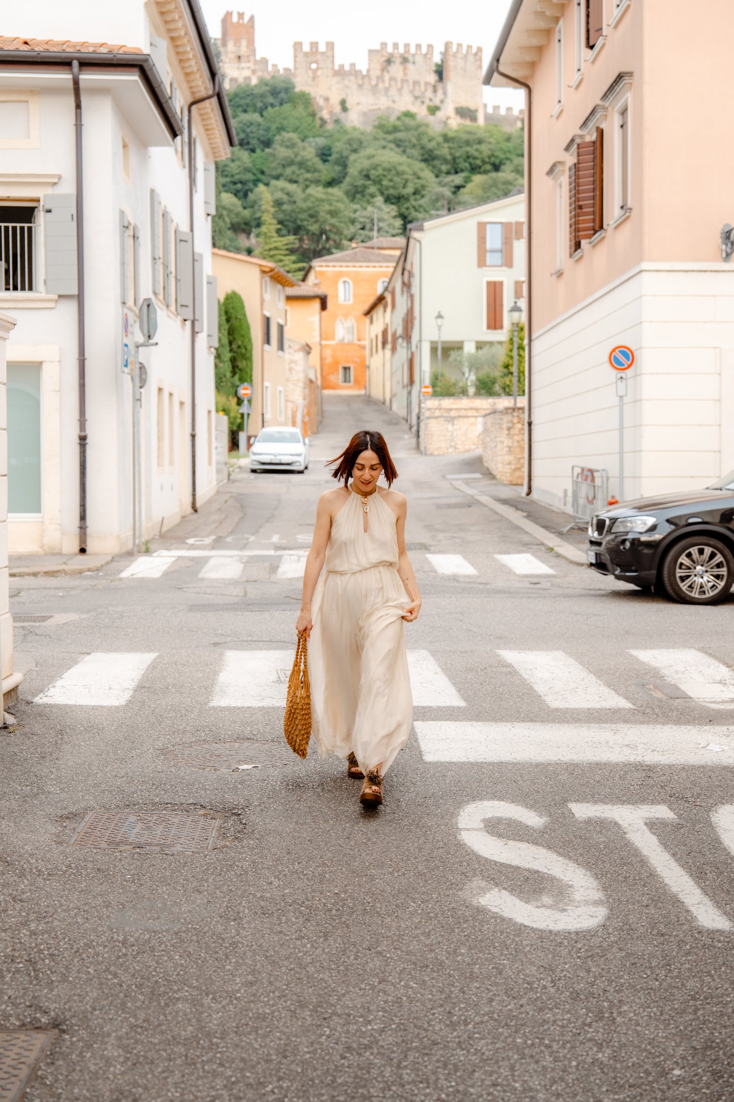 HAVEONE - Pantalone in viscosa e seta a palazzo burro ampio con elastico
