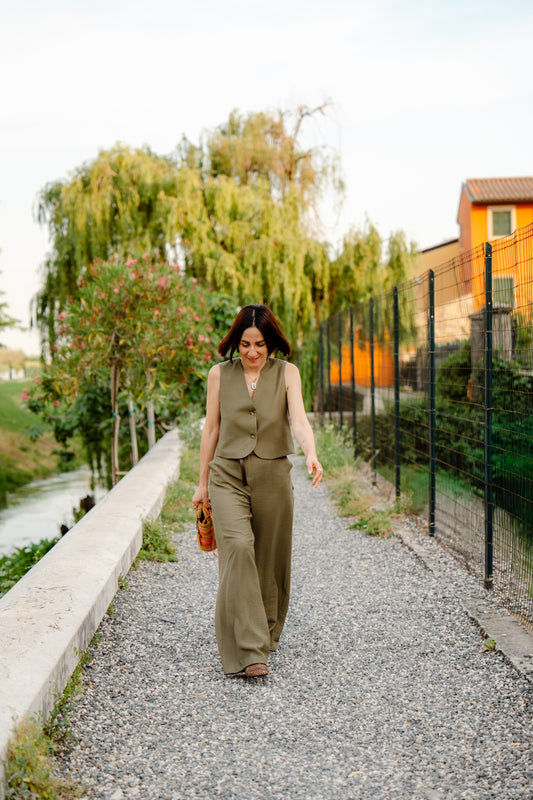 HAVEONE - Pantalone verde militare a palazzo dritto con cintura ed elastico