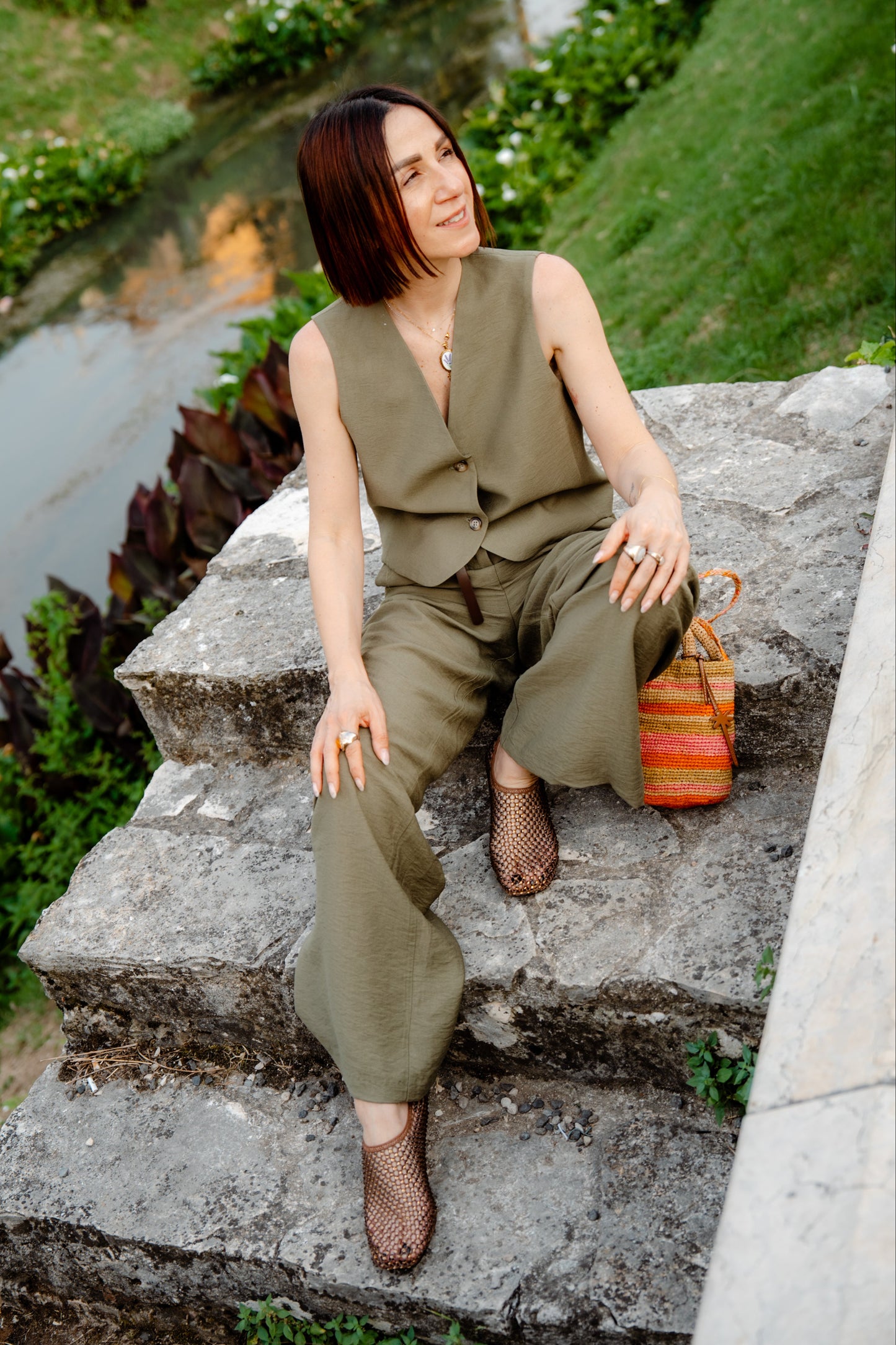 HAVEONE - Pantalone verde militare a palazzo dritto con cintura ed elastico